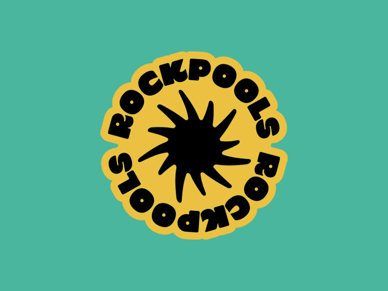 Image shows Rockpools logo in black and yellow on a green background. The logo is made of the word Rockpools displayed twice encircling an abstract shape - a 12-pointed swirls with arms of varying lengths,